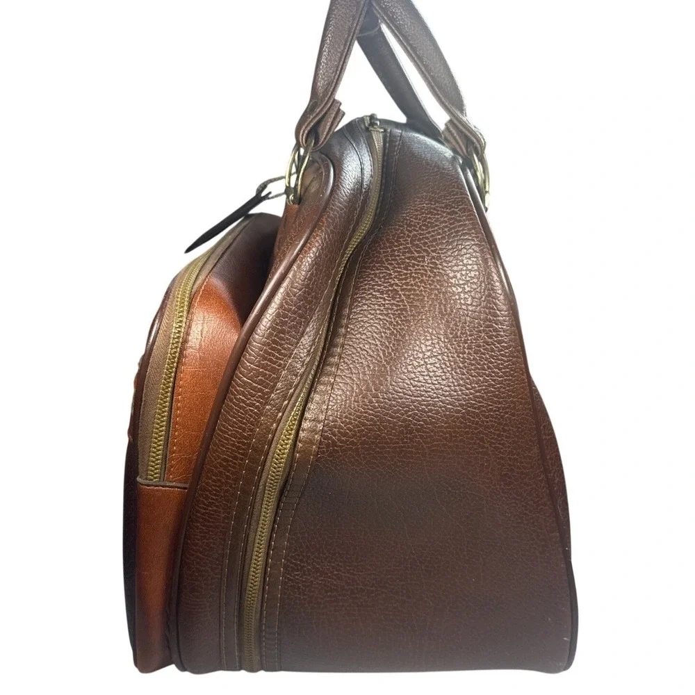 Vintage Retro Ajay Faux Leather Bowling Ball Bag With Scovill Zippers Brown